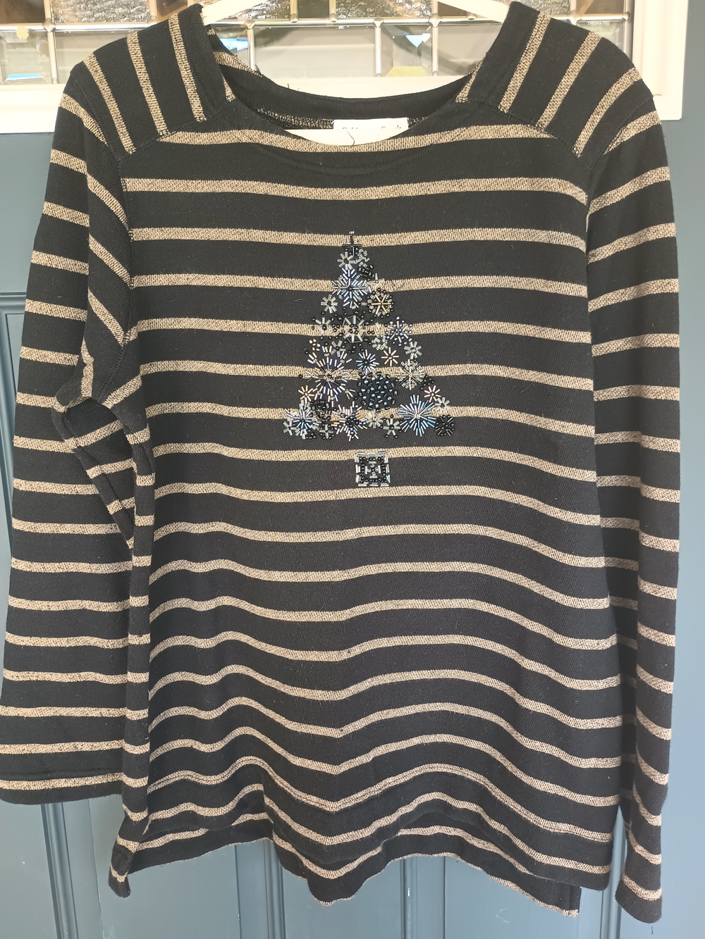 Coldwater Creek Blk Striped Metallic Beaded Tree Knitted Top Sz L Classy Festive